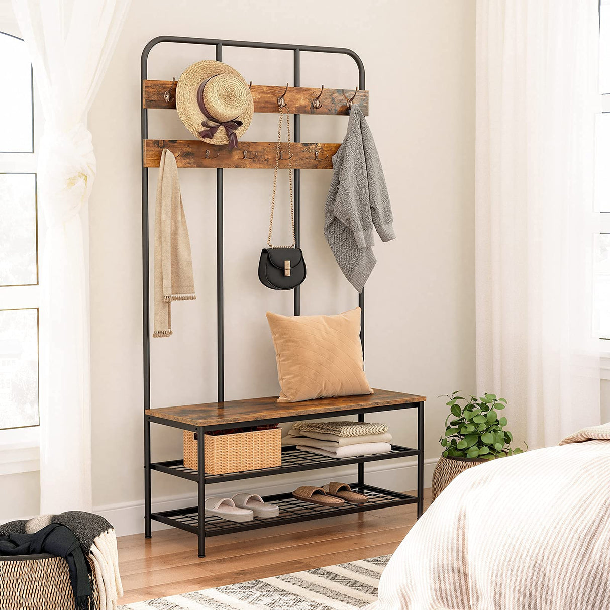 HOOBRO Hall Tree with Bench, Entryway Bench with Coat Rack, Mud Room Bench with 12 Double Hooks and Storage Bench, Coat Tree, Shoe Rack Organizer, for Foyer, Front Door, Rustic Brown BF05MT01 HOOBRO