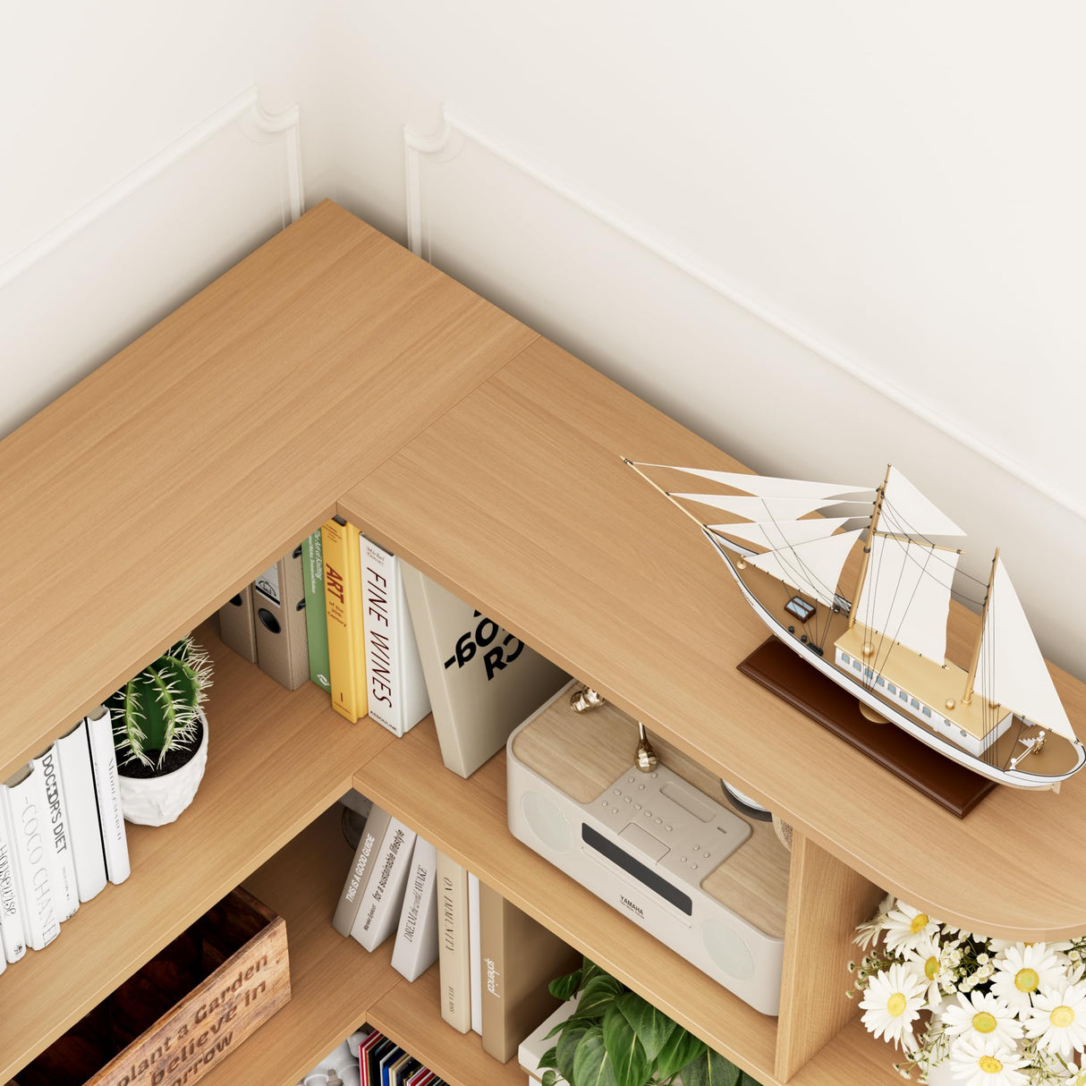 FOTOSOK 74” Tall Corner Bookshelf, 6-Tier Bookshelf and Bookcase with Open Storage, Tall Bookcases Wooden Storage Shelves for Home Office, Thickened Boards for Better Load Bearing, Natural FOTOSOK