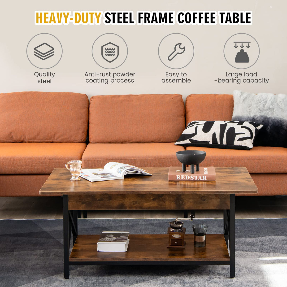 COSTWAY Industrial Coffee Table, 2-Tier Wood Cocktail Tea Table with Storage Shelf and X-Shape Steel Frame, Rectangle Sofa Side Accent Table for Living Room Home Office, Rustic Brown COSTWAY