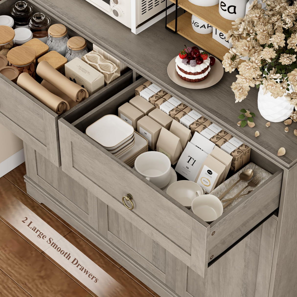 HOSTACK 71" Tall Pantry Cabinet with Power Outlets, Kitchen Pantry Storage Cabinet with Microwave Stand, Farmhouse Kitchen Hutch with Drawers, Food Pantry Large Cupboard for Dining Room, Ash Grey HOSTACK