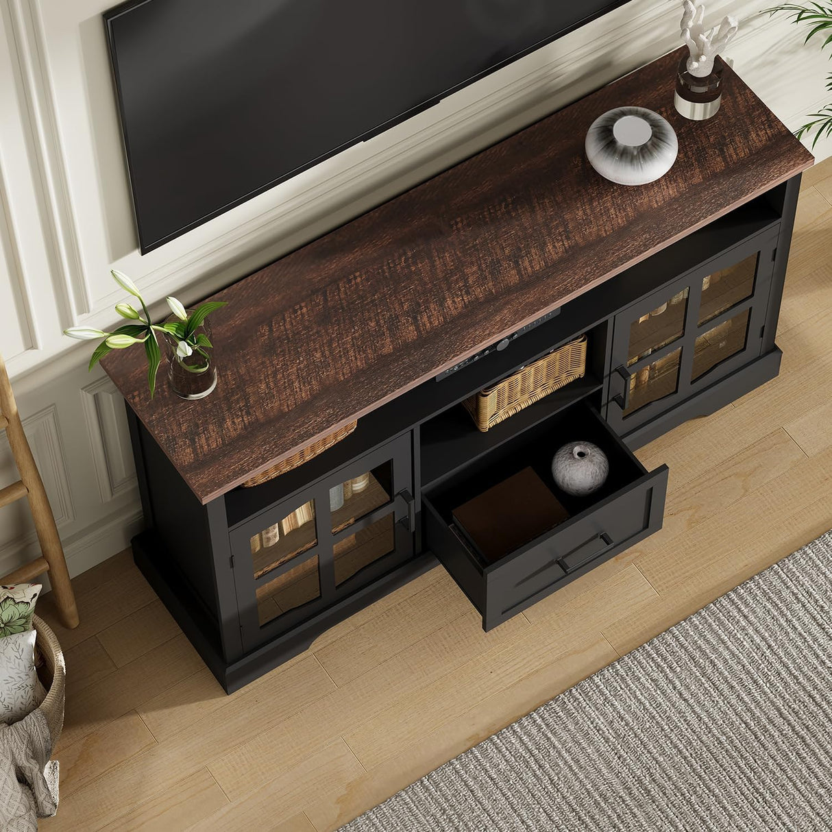 ChooChoo 2-Piece Living Room Table Set - Includes TV Stand with Storage for 75" TV, Lift-top Coffee Table with Storage and Hidden Compartment, Black & Espresso ChooChoo