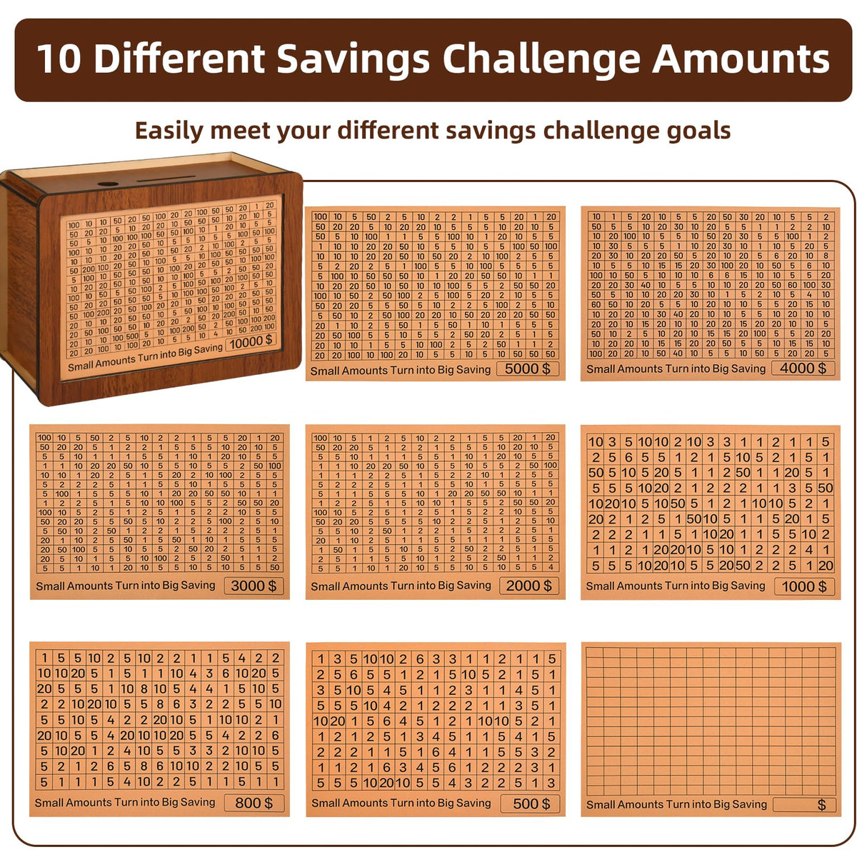 10000 Kakeibo Wooden Money Saving Challenge Box Cash Vault Piggy Bank for Adults Kids Savings Goals Smash Box Saver for Boys and Girls (10 Amounts) Zayeemi