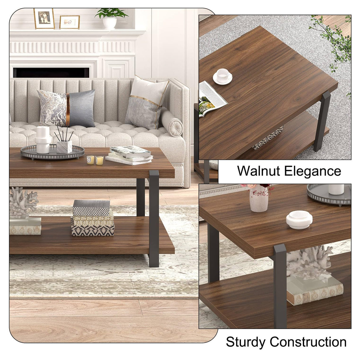 FOLUBAN Modern Coffee Table with Storage Shelf, Rustic Wood Center Table for Living Room, Walnut FOLUBAN