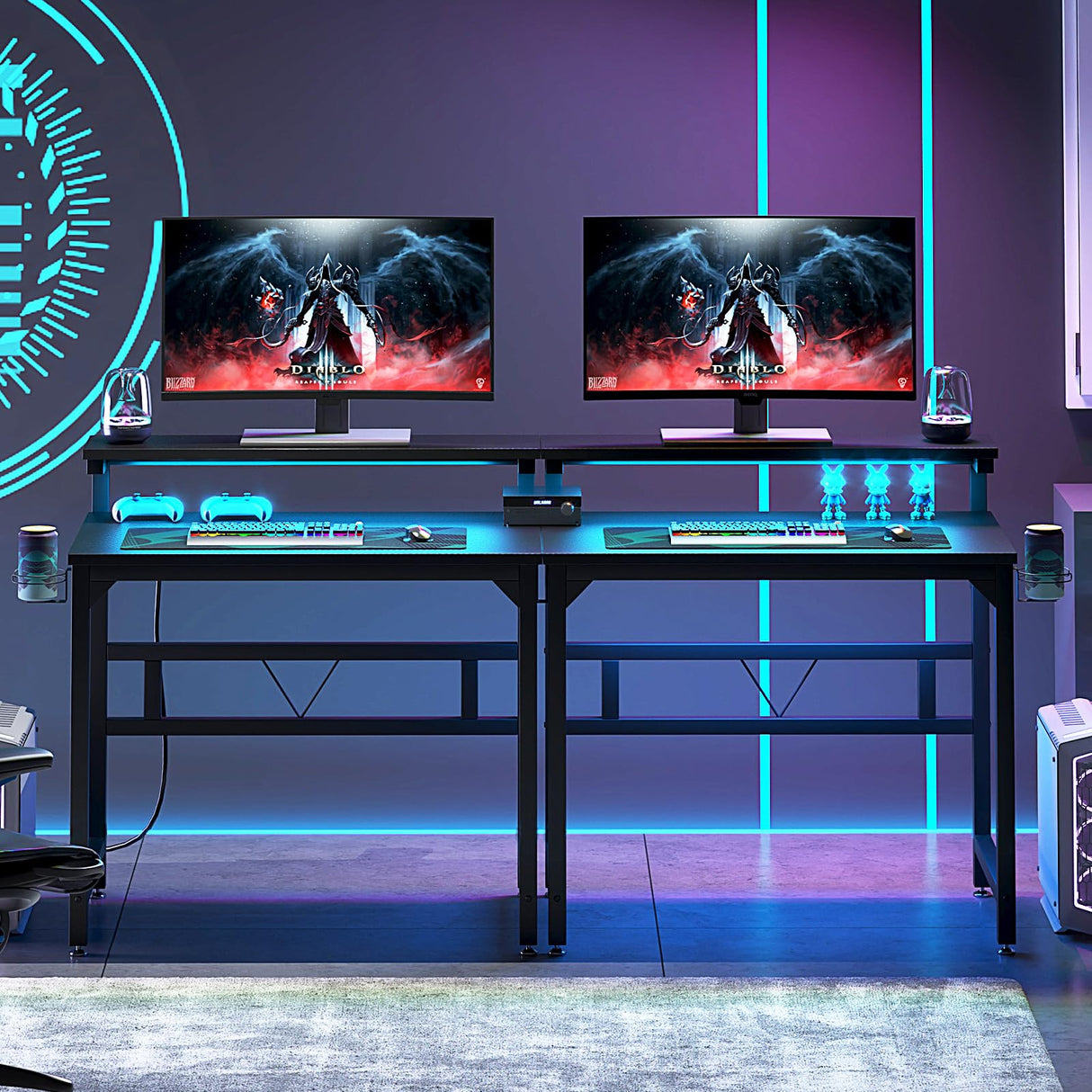 TREETALK Gaming Desk with Power Outlets & LED Strip Lights,80CM Industrial Writing Desk with Adjustable Monitor Stand, Cupholder and Headphone Hook for Home Office Black TREETALK