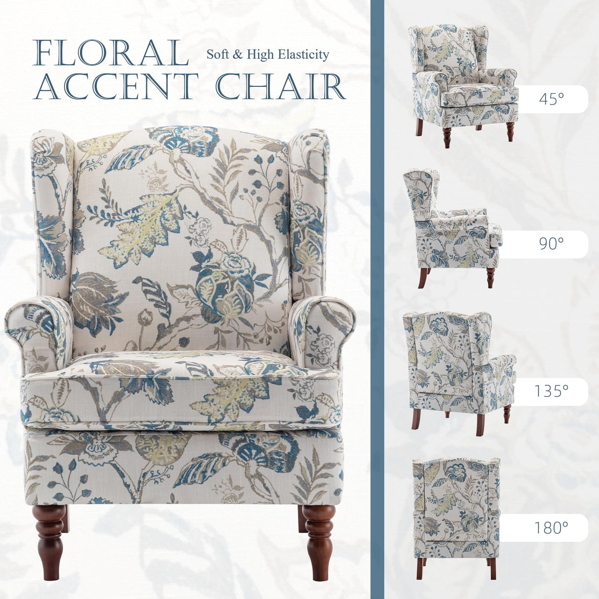 MELLCOM Floral Accent Chair, High Back Upholstered Armchair with Solid Legs, Leisure Single Sofa Chair for Living Room, Bedroom, Home Office, Blue Floral MELLCOM
