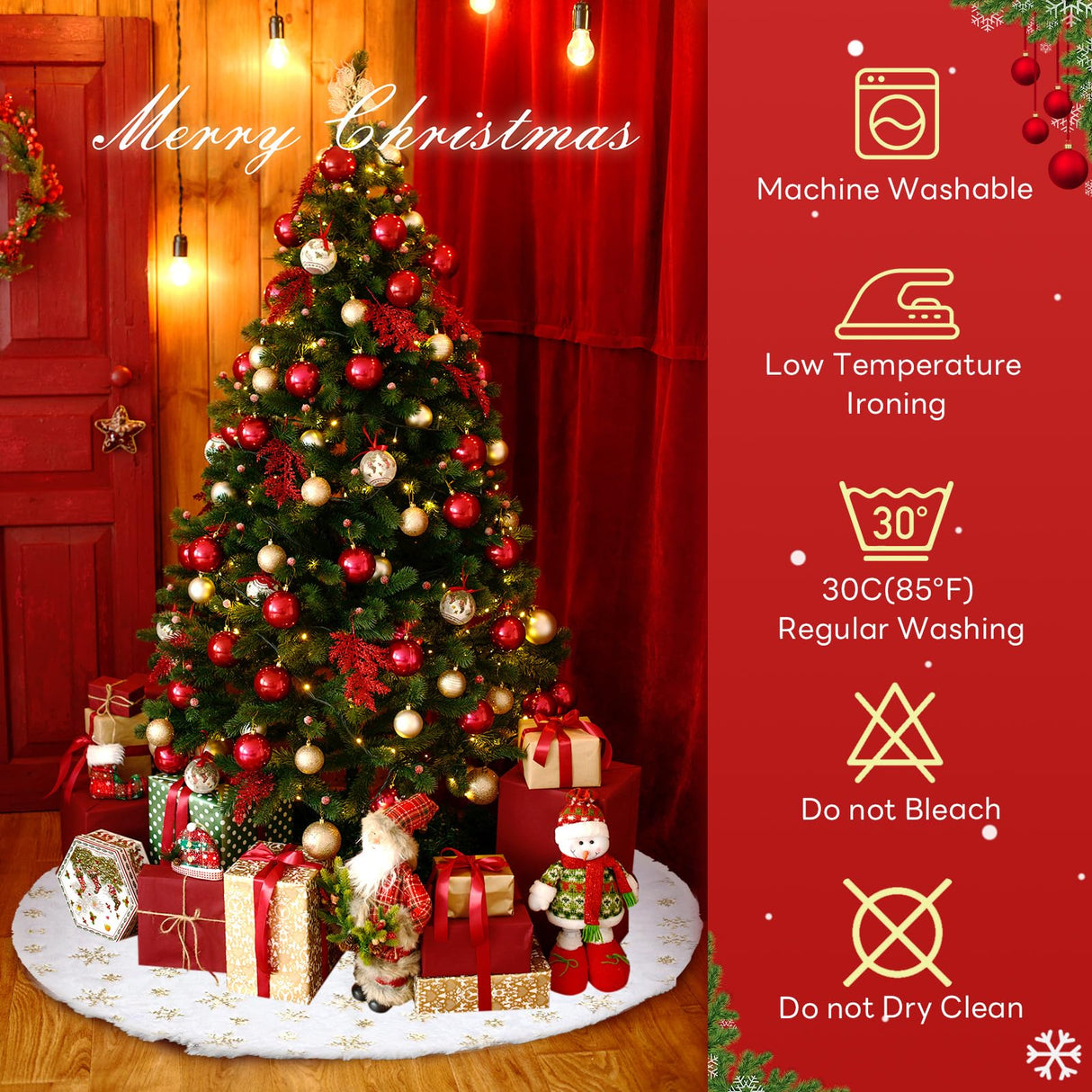 Christmas Tree Skirt 36 Inch, Holiday Part Decorations for Christmas Tree, Whit Plush Gold Sequin Snowflake Tree Shirt for Xmas SRISE