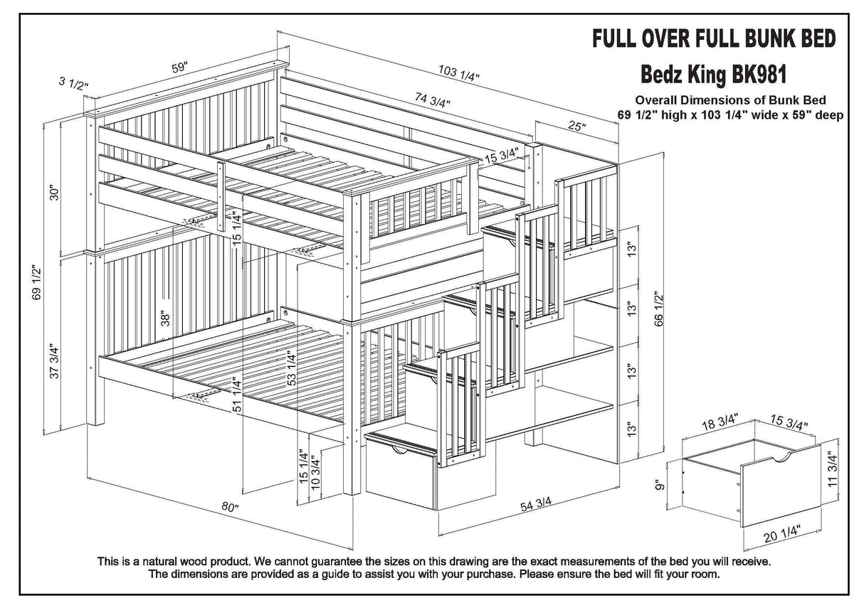 Bedz King Stairway Bunk Beds Full over Full with 4 Drawers in the Steps and 2 Under Bed Drawers, White Bedz King