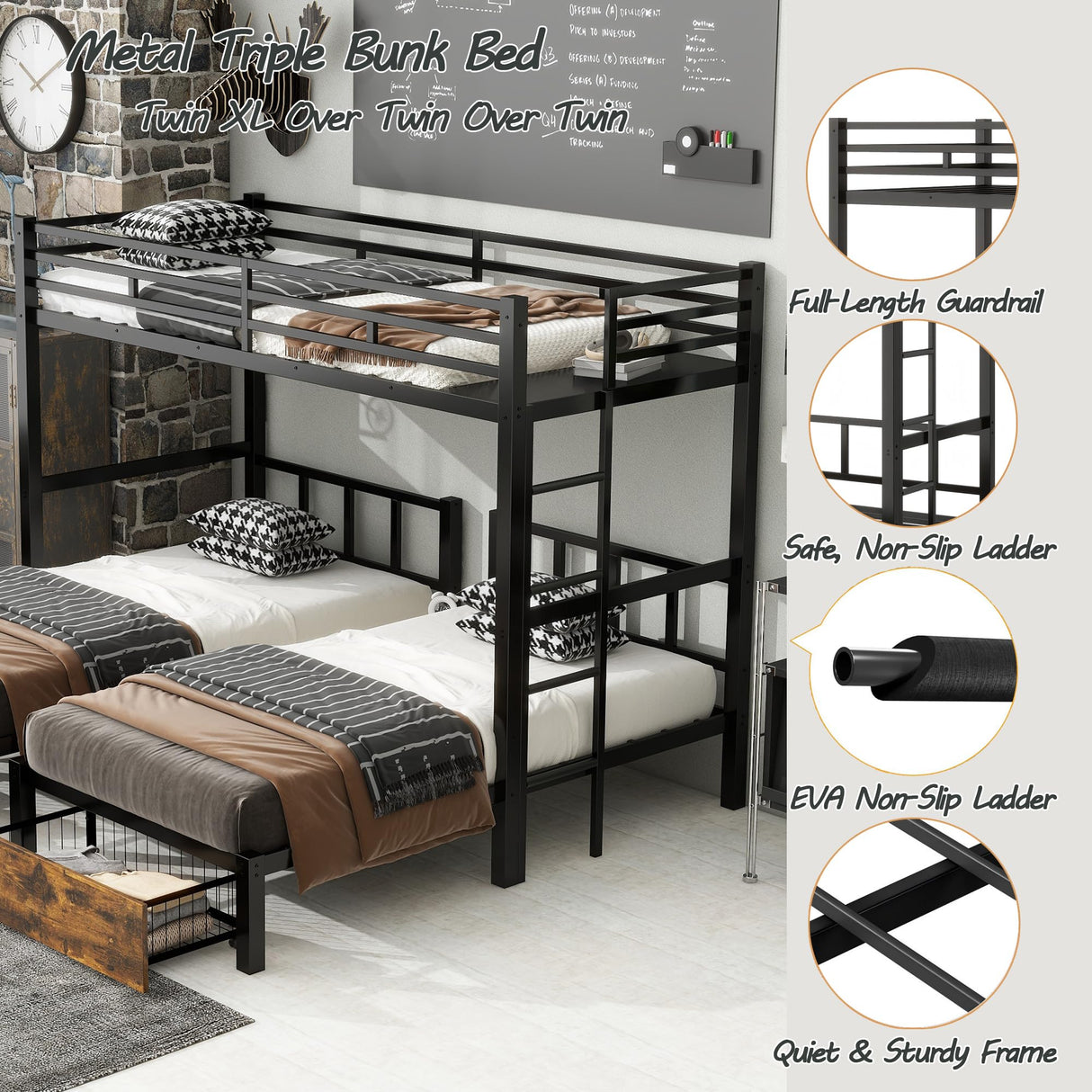 FULLJOJOR Triple Bunk Bed for Kids,Detachable TwinXL Over Twin Over Twin Metal Bunk Bed with Guardrails,Ladder & Storage,Converts to 3 Separate Beds,Easy to Assemble(3 Bunk Beds for Kids) FULLJOJOR