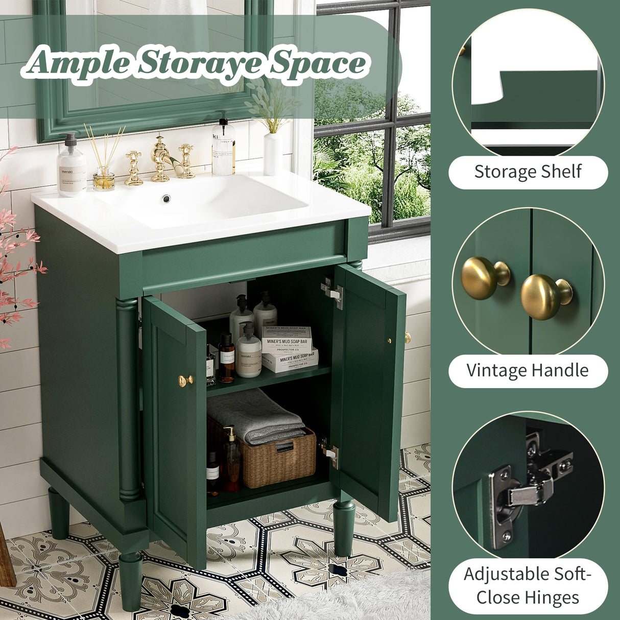 Virubi 24 Inch Bathroom Vanity with Single Sink Combo Set, Modern Bathroom Storage Cabinet with Double Soft Closing Doors, Solid Wood Frame Bathroom Vanities. Virubi