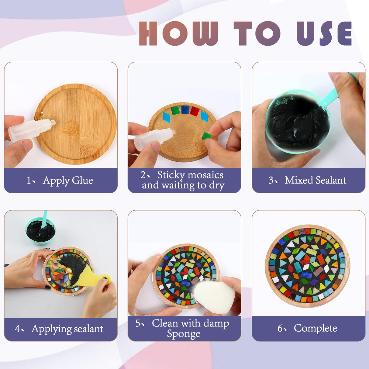 DIY Mosaic Tiles Crafts Kits for Adults, Mixed Stained Glass Mosaic Kit with 2 Sets Wooden Coaster Making Materials Package,Mosaic Adult Crafts for Women Kids Beginners Handmade Home Decor Gifts Nuyoach