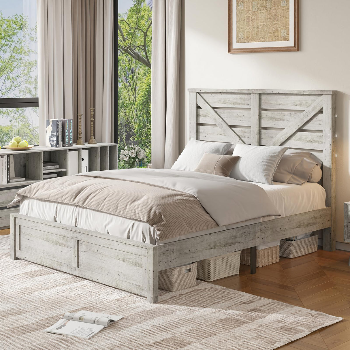LUXOAK Queen Size Farmhouse Wooden Bed Frame, Platform Bed Frame with 49.2" Headboard/No Box Spring Needed/Noisy Free/Easy Assembly/Distressed White LUXOAK