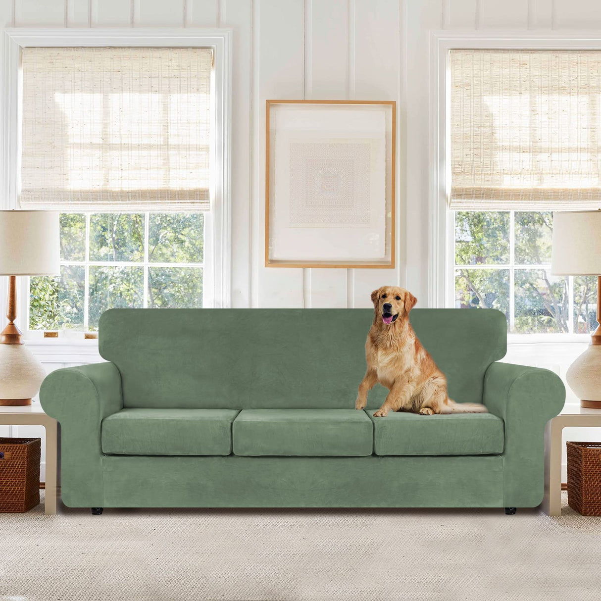 WEERRW 4 Pieces Velvet High Stretch Couch Covers for 3 Cushion Couch Sofa Slipcovers, Washable Furniture Protector with Non Slip Elastic Bottom, Feature Soft Plush Fabric, Greyish Green, Large WEERRW