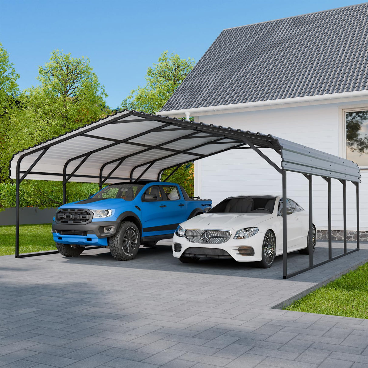 EBE 20' x 20' Metal Carport, Outdoor Heavy Duty Carport with Galvanized Steel Roof and Enhanced Metal Frame Structure, Garage Car Shelter Shade for SUV Trucks and Boats EBE