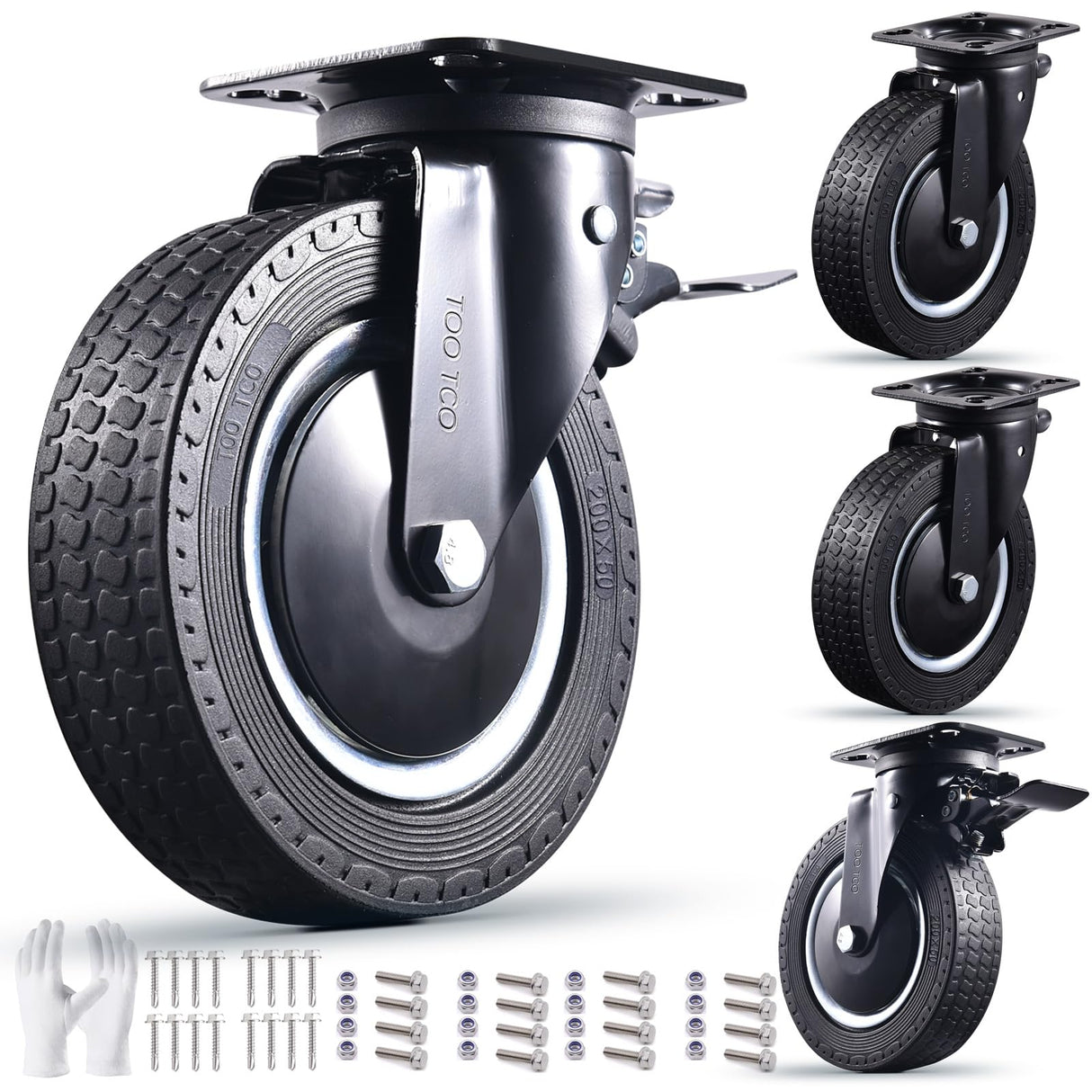 Heavy Duty 8 Inch Caster Wheels Set of 4 Industrial Swivel Locking Casters with Brake 3200 Lbs Load Capacity Rubber Wheels for Cart, Furniture, Workbench Outdoor Black Castors, Includes Bolts & Screws TOO TCO