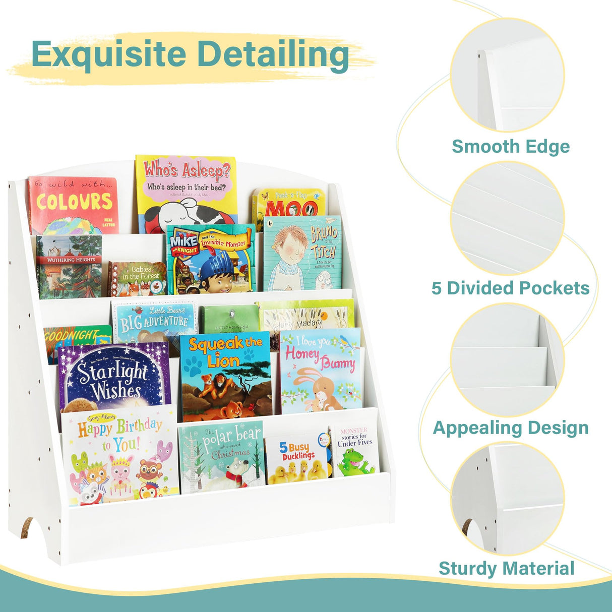 TOETOL 5-Tier Kids Bookshelf - Toddler Book Display Shelves for Classrooms, Playrooms, and Nursery - Wooden Children Book Rack (White) TOETOL