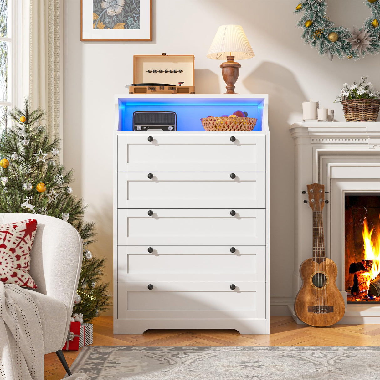 EnHomee Dresser for Bedroom, Modern White Dresser with LED Light, Tall Dresser with 5 Large Wood Drawers for Closet Organizers and Storage Clothes, Chests of Drawers for Closet, Entryway EnHomee