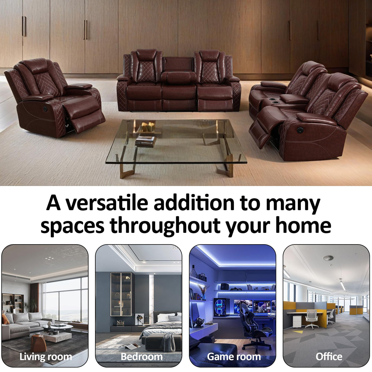 YIORTWO Power Recliner Sofa Set - Breathable Leather Power Recliner Sofa,Living Room Furniture with USB Charging, LED Lights,Hidden Storage Buckets, Stainless Steel Cup Holders(Loveseat,Brown) YIORTWO