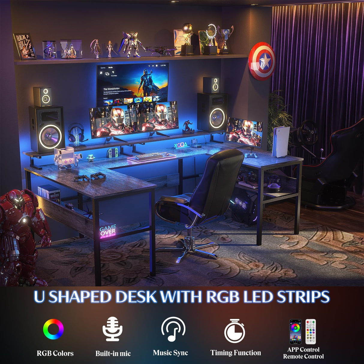 Hyomdeck Customizable U Shaped Desk & L Shaped Office Desks with RGB LED Light, Adjustable Monitor Stand and Power Outlets, Reversible Computer Desk with Storage, Large L Shape Gaming Table, Black Oak Hyomdeck