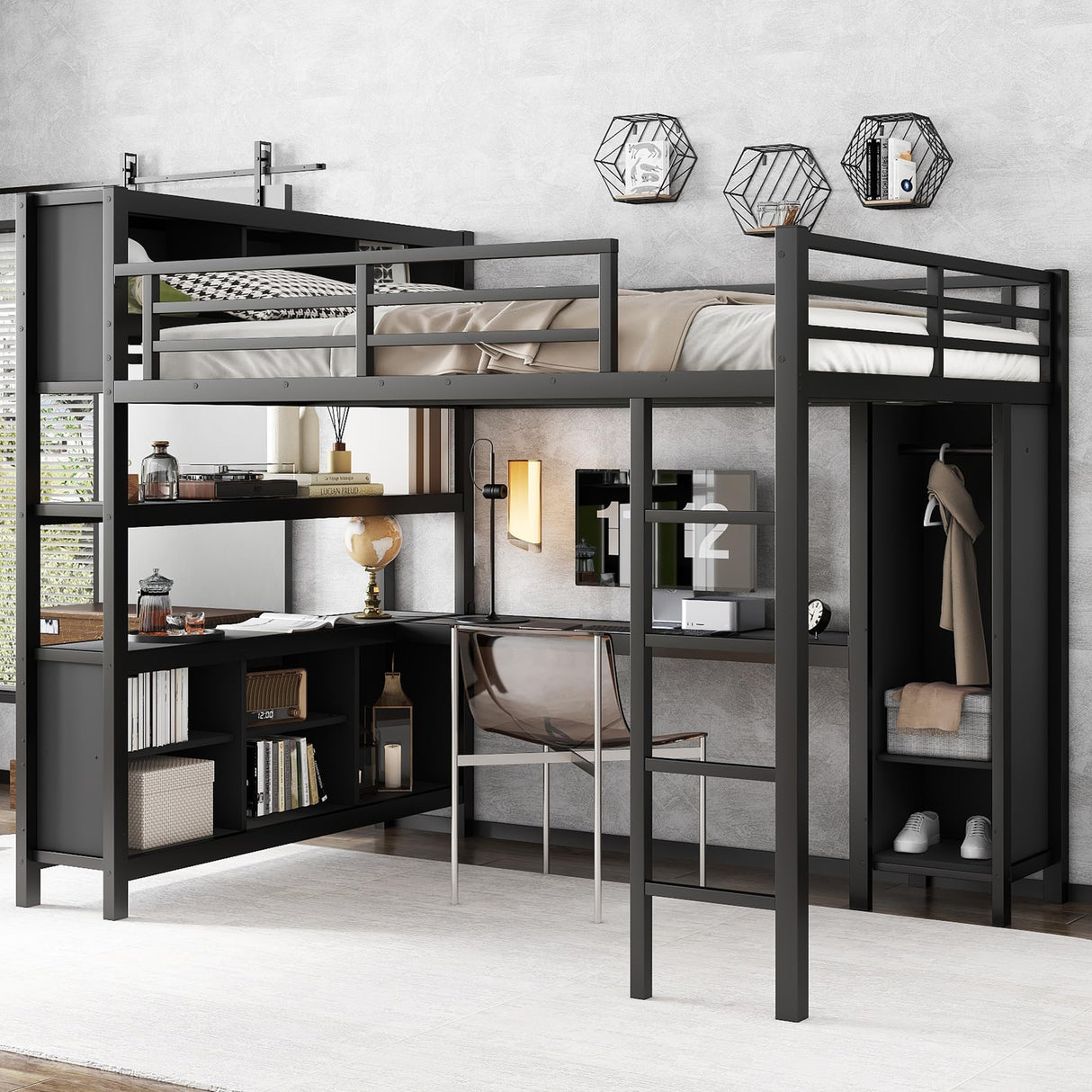 Bellemave Queen Size Loft Bed with Desk, Wardrobe & Storage Shelves, Modern Metal Loft Bed Frame for Adults, Teens, Kids, Space-Saving Queen Bed for Small Rooms, Dorms, Apartments (Queen, Black) Bellemave