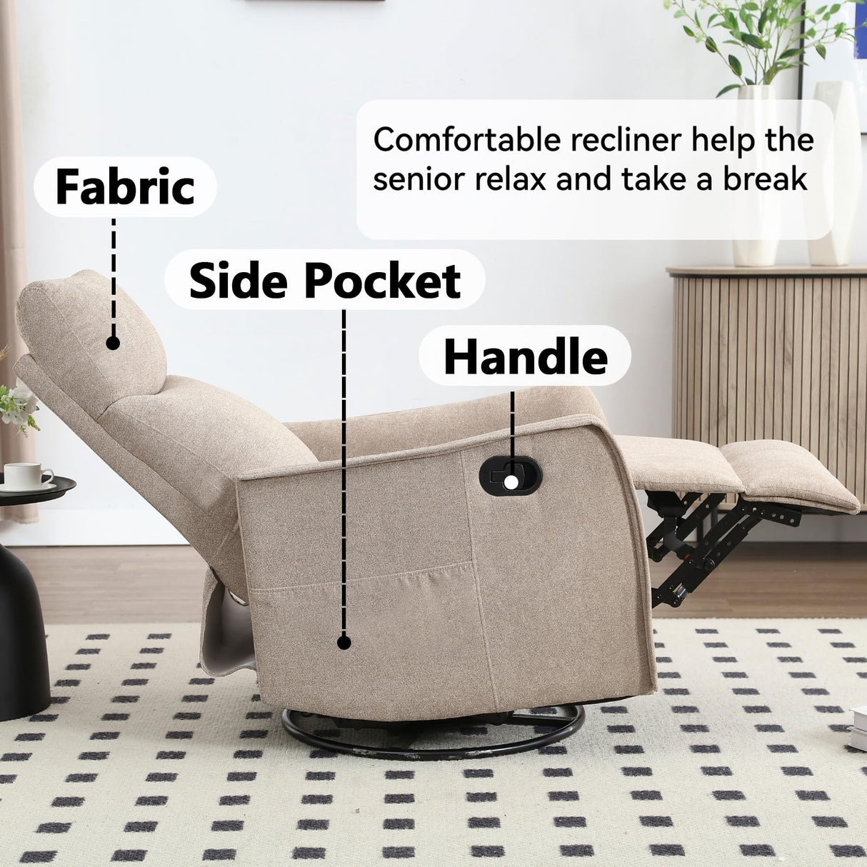 Massage Chair Recliner with Heat, Swivel Rocking Chair Recliner with High Back, Manual Lazy Boy Recliners for Adults,Small Recliner Chair for Small Spaces, Living Room Bedroom, Fabric (Khaki) Thctvous