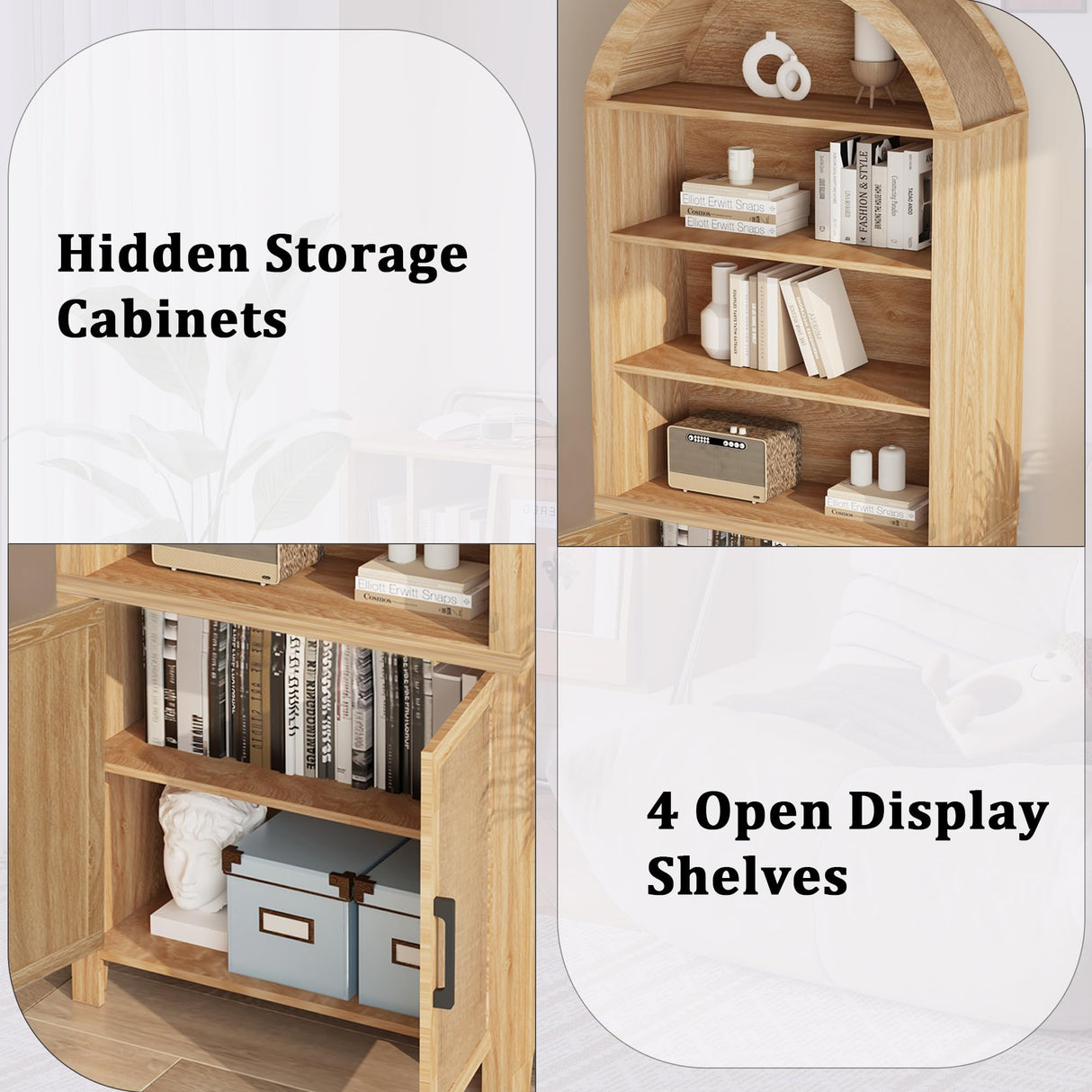 Janmer Home 71" Tall Arched Bookcase with Storage, Mid-Century Modern 6-Tier Curved Cabinet with Door, Arched Bookshelf Cabinet with Open Display Storage Shelf for Office Living Room (Natural) Janmer Home