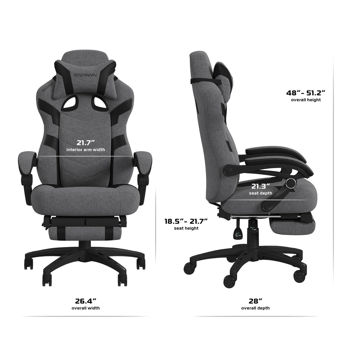 RESPAWN 110 Pro Gaming Chair - Gaming Chair with Footrest, Reclining Gaming Chair, Video Gaming Computer Desk Chair, Adjustable Desk Chair, Gaming Chairs for Adults with Headrest Pillow - Grey Fabric RESPAWN