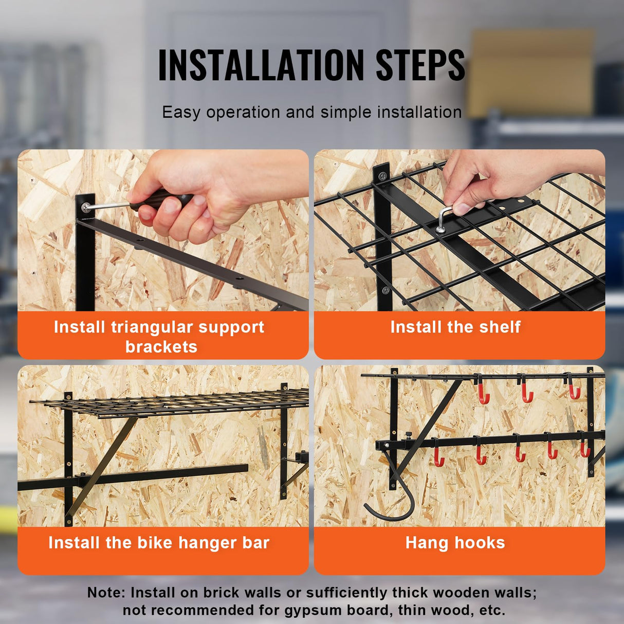 VEVOR Bike Storage Rack, 4 Bike Racks, Wall Mount Bike Storage Hanger with 2 Shelves, Home and Garage Organizer, Customizable for Various Bike Sizes, Adjustable Holder, Holds Up to 500 lbs, 63-inch VEVOR