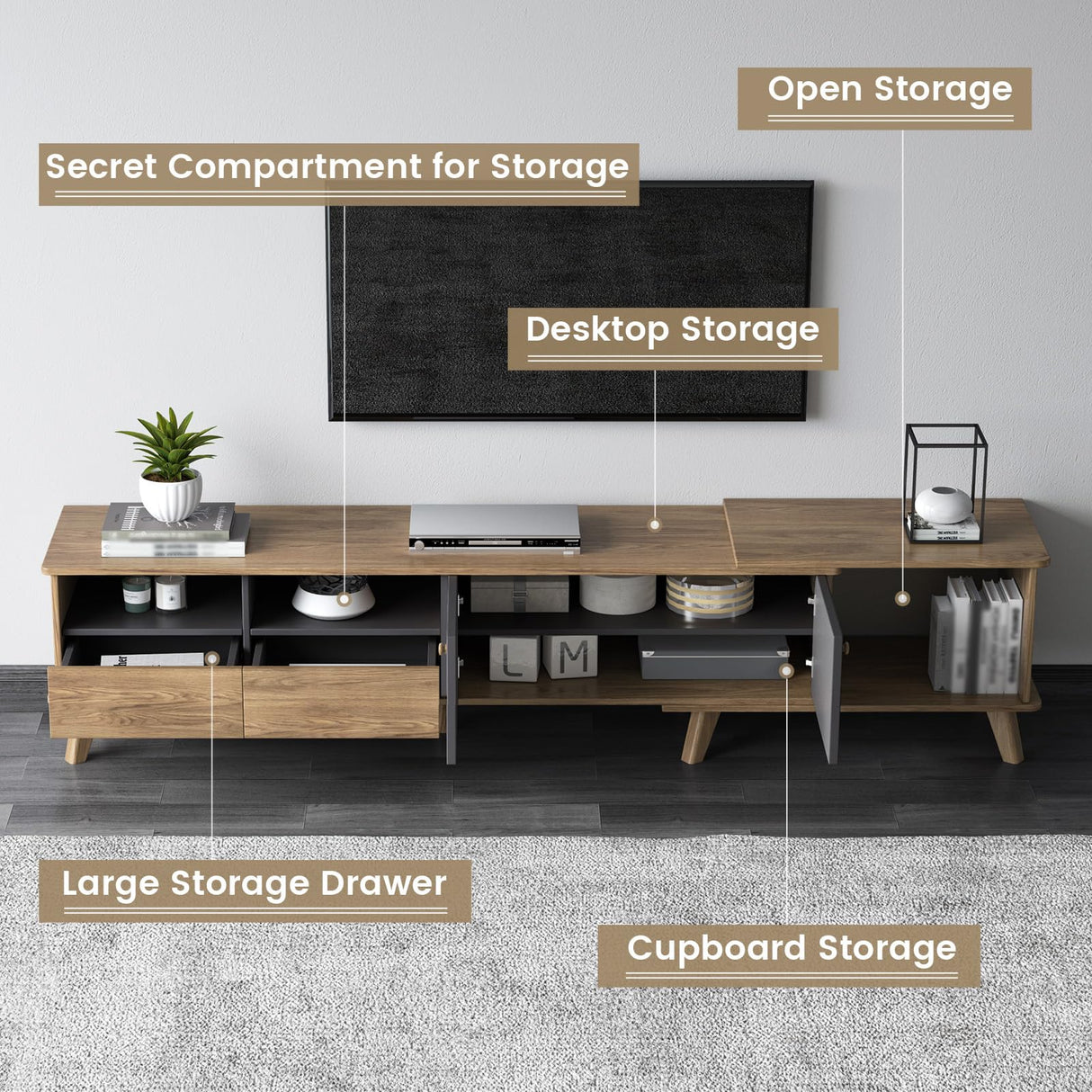 GlimBiz Extendable TV Stand, Mid Century Modern TV Stand for 55/60/65 inch TV, Farmhouse TV Stand, Entertainment Center with Storage, TV and Media Consol for Living Room GlimBiz