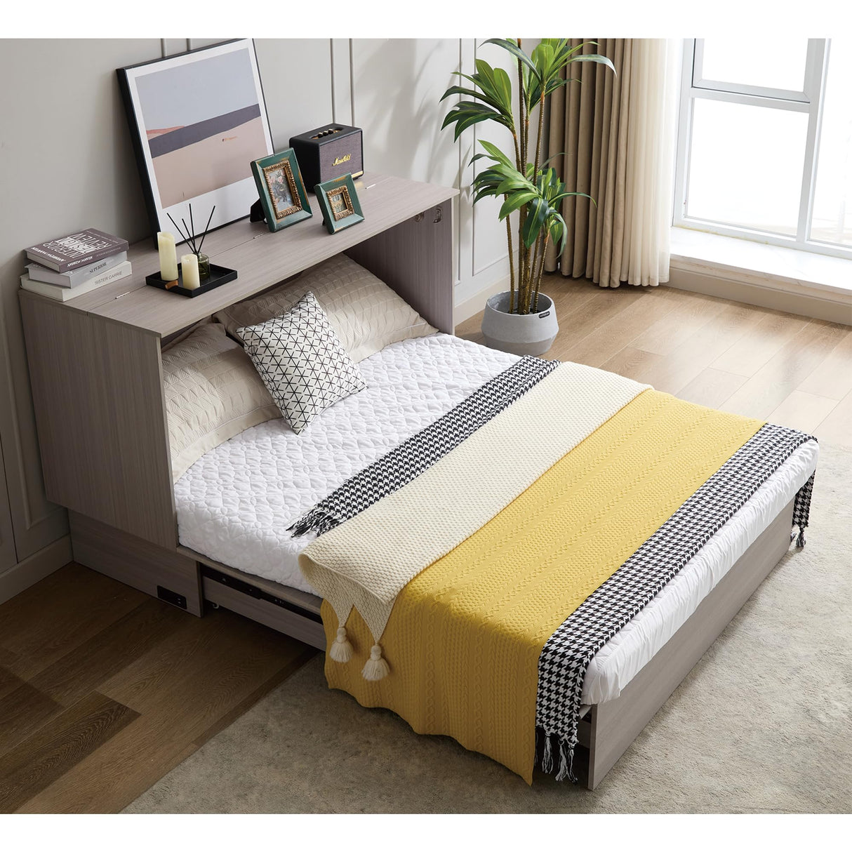 Ball & Cast Queen Size Murphy Bed Wall Chest with Oversized Drawers and Folding Foam Mattress,Wood Hideaway Cabinet Platform Bedframe w/Set of Sockets & USB Ports,Space-Saving,for Small Room,Gray Ball & Cast