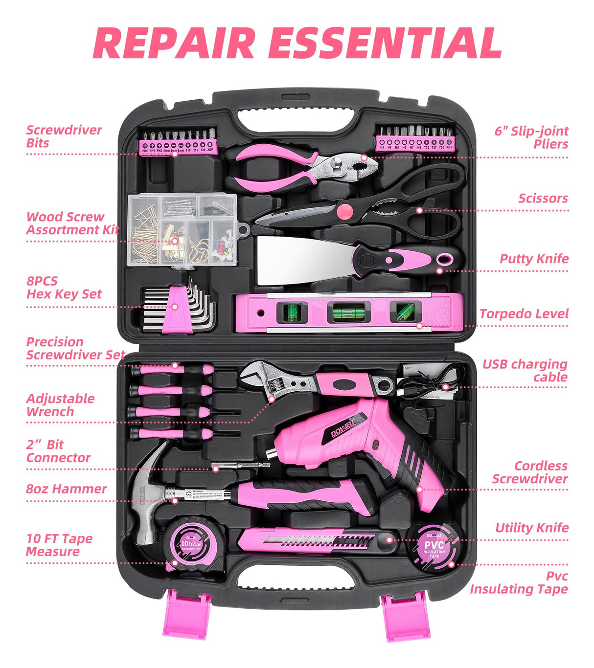 143 Pcs Pink Homeowner Tool Set with 3.6V Cordless Screwdriver General Household Hand Tool Kit with Plastic Tool box Storage Case for Women,Men DOWELL