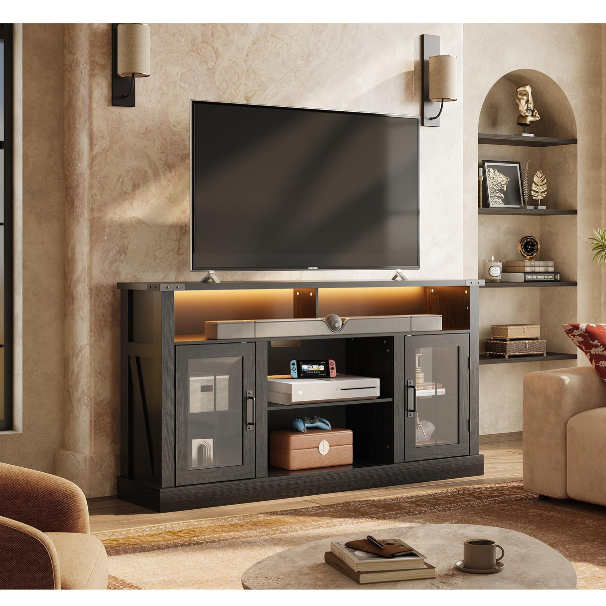 WLIVE TV Stand for 65 Inch TV, Retro Entertainment Center with LED Lights, Farmhouse TV Console wirh Open Shelves and Glass Cabinet Doors, Black WLIVE