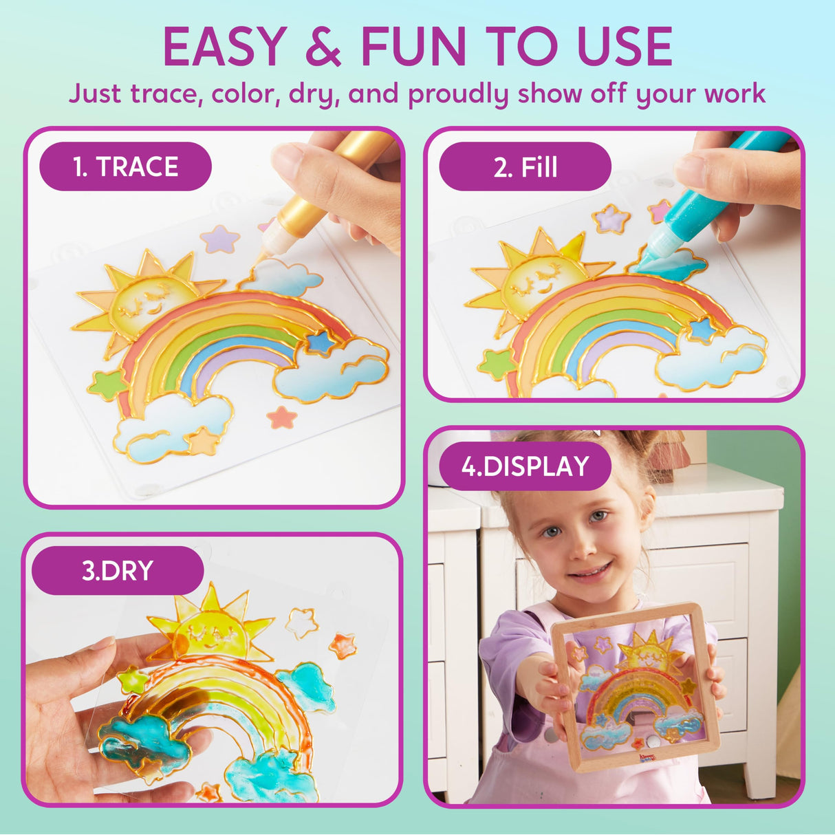 Klever Kits DIY Gel Art Suncatcher Kits for Kids, Paint Your Own Unicorn Window Art Kit with Photo Frame, Painting Arts and Crafts for Kids Ages 6-8 Girls Boys Birthday Gifts Halloween Decor Klever Kits