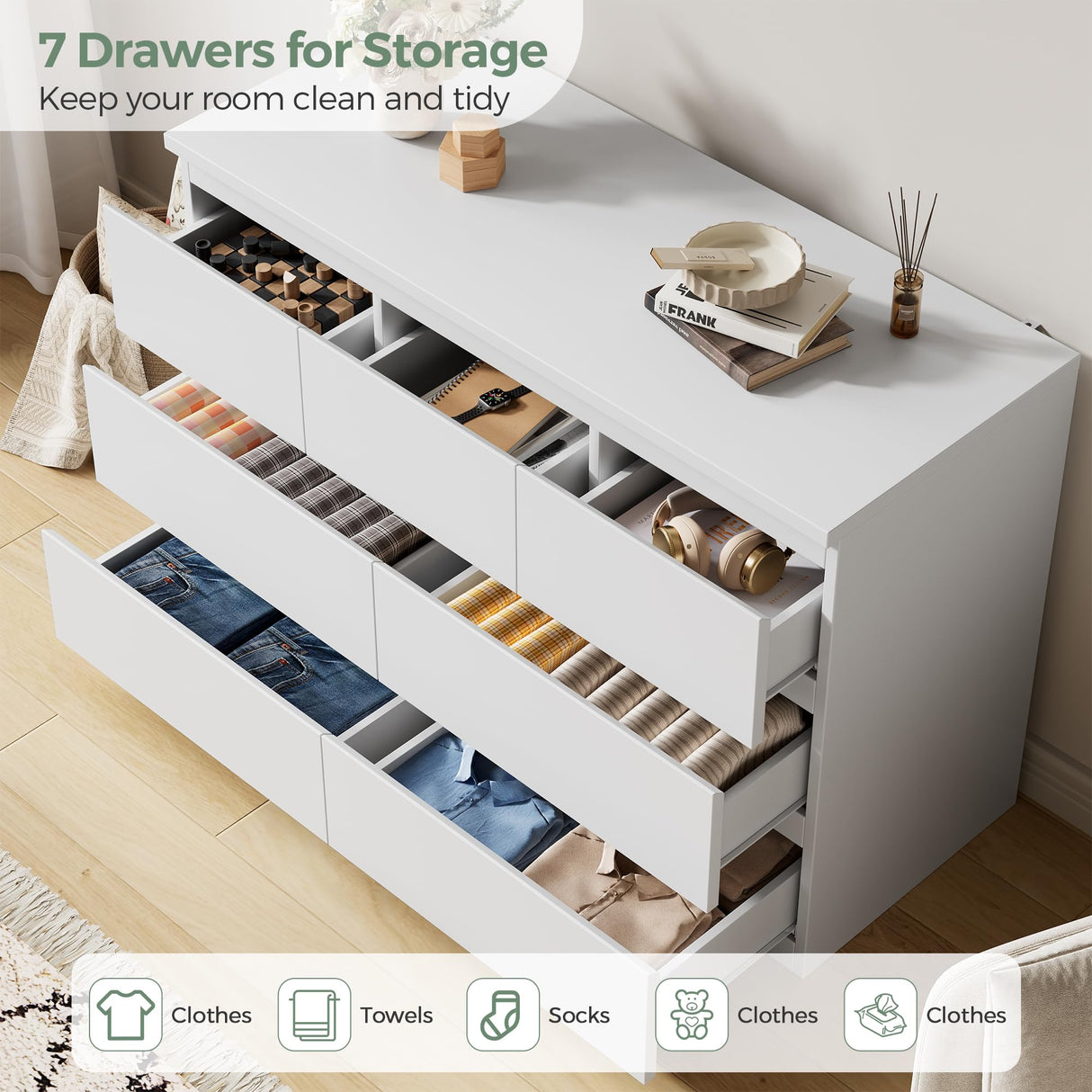 Jocoevol Modern White 7 Drawer Dresser for Bedroom, Simply Chest of Drawers, Wood Storage Dresser with Deep Drawers for Living Room Hallway Entryway, White Jocoevol