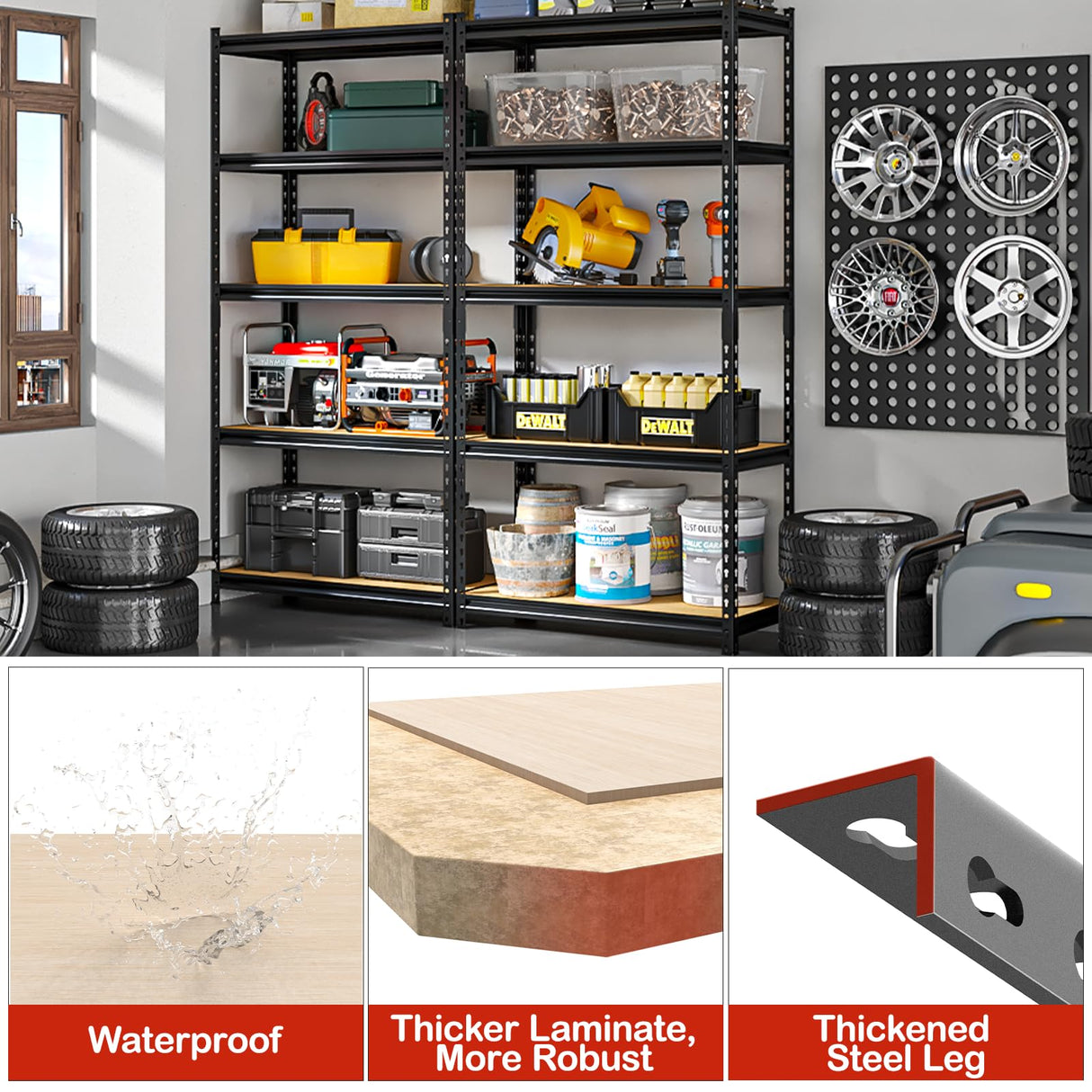 SYLOUGH 28" W Father&I Industrial Heavy-Dudy Garage Shelving Units/Systems: Metal 5-Tier Storage Shelves Adjustable for Basement/Closet/Tote/Kitchen/Pantry Organization, 60" H*28W *12" D, Black SYLOUGH