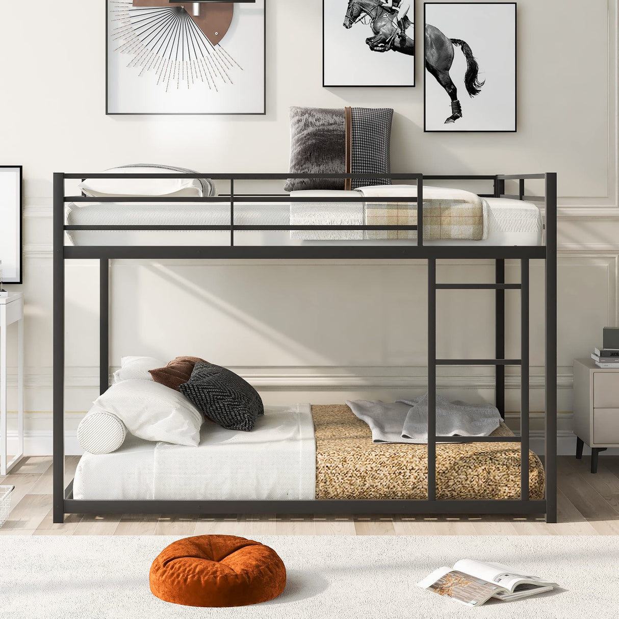 Bellemave Metal Bunk Bed Full Over Full, Low Profile Bunk Bed Frame with Ladder & Full Length Guardrail, Space-Saving Twin Size Bed Frame for Kids Teens, No Box Spring Needed (Black) Bellemave