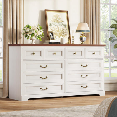Hasuit Farmhouse 10 Drawers Dresser for Bedroom, 55.1" Wide Dresser Chest of Drawers, Rustic Wood Storage Dresser with Deep Drawers and Vintage Handle, Large White Dresser for Bedroom, Closet, Hallway