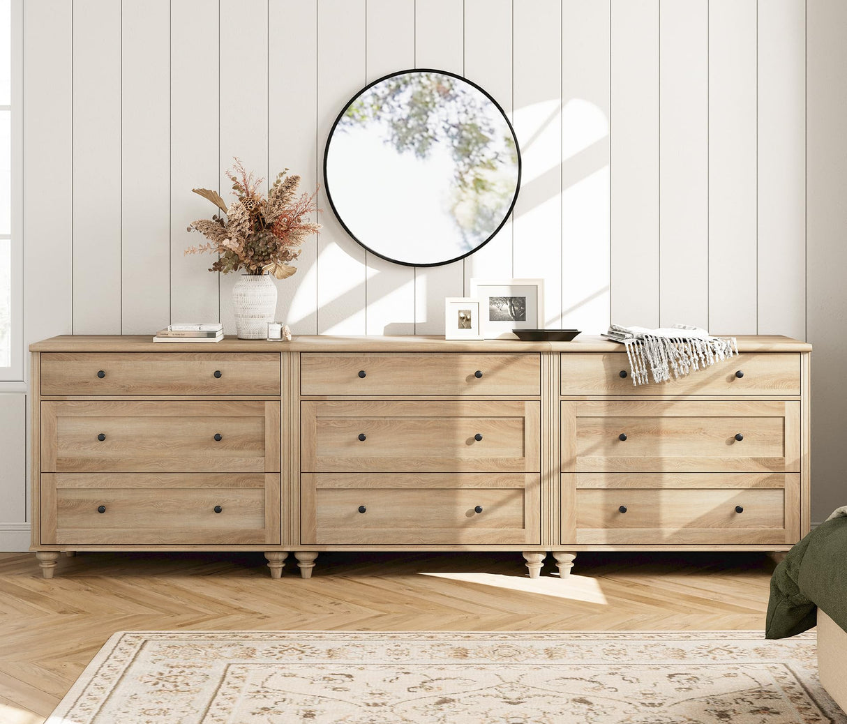 WAMPAT Dresser for Bedroom with 9 Drawers, Oak Kids Dressers with Wide Chest of Drawers, Mid Century Modern Wooden Closet Storage Organizer, Large Wood Dressers for Living Room, Nursery, Hallway WAMPAT