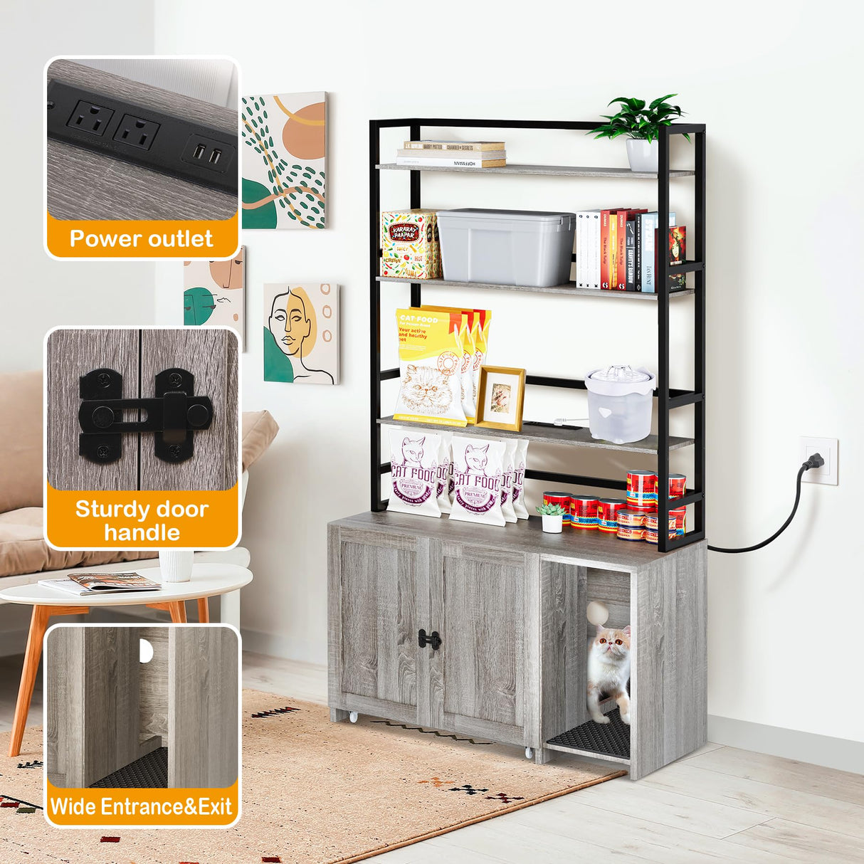 STMHOM 60 Inch Tall Cat Litter Box Enclosure Furniture with Shelves, Hidden Cat Litter Box Furniture 32" x 19" x 60", Wooden Litter Box Cabinet with Sockets and Pull Out Tray, Grey STMHOM