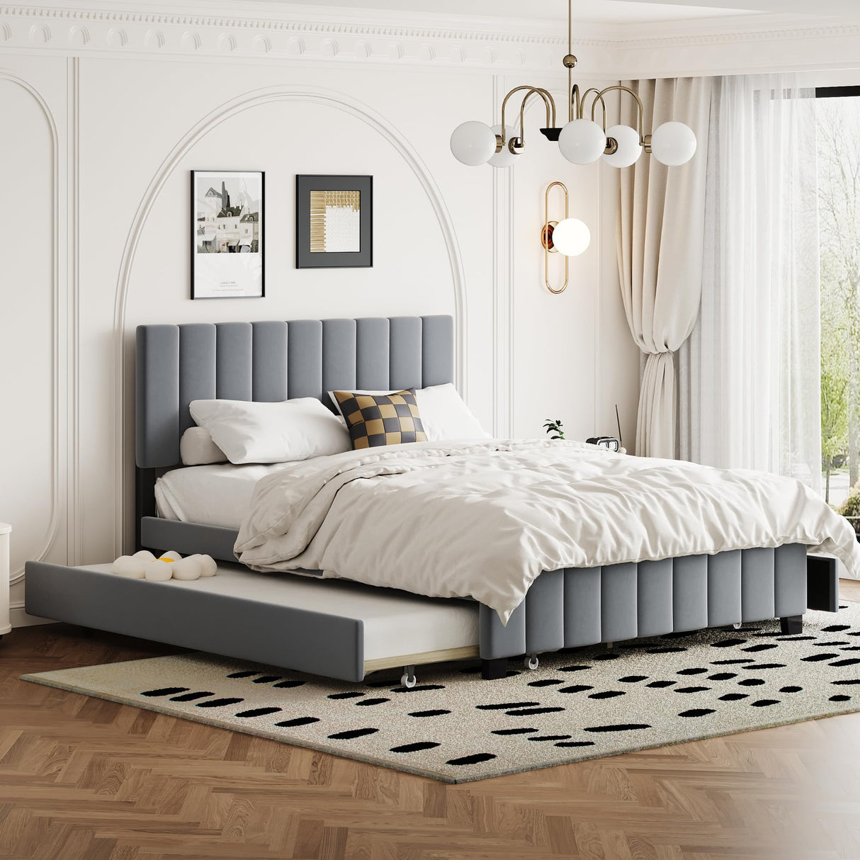 Merax Queen Size Upholstered Platform Bed with 2 Drawers and 1 Twin XL Trundle, Grey Wooden Bed Frame, No Box Spring Need Merax
