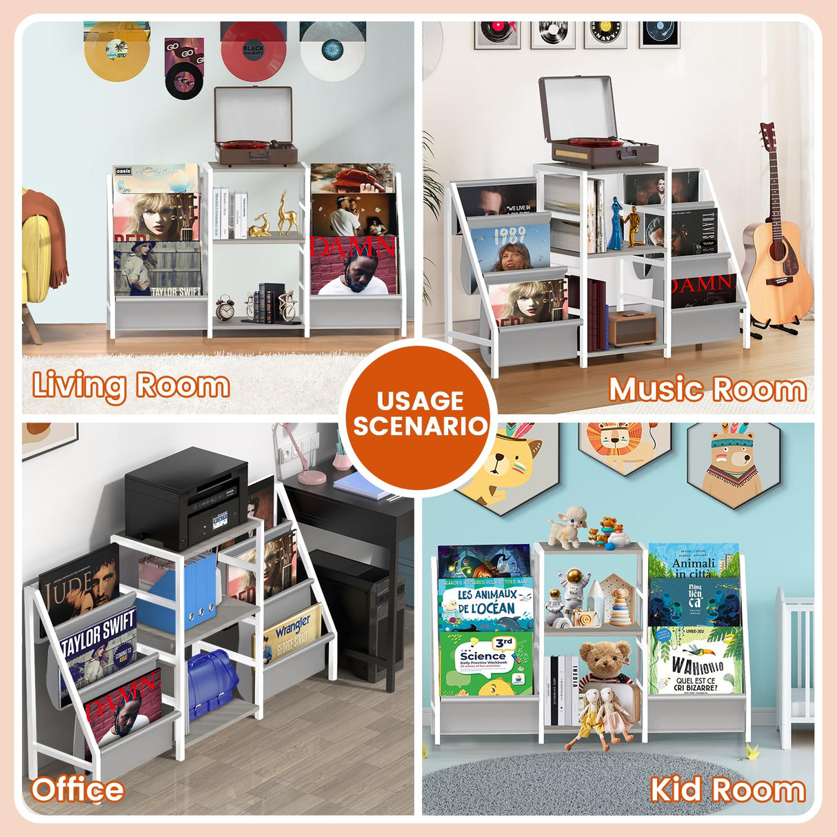 sugitek Record Player Stand,Vinyl Storage with 6-Tier Up to 280 Albums CDs, Display Shelf for Living Room,Bedroom(White) sugitek