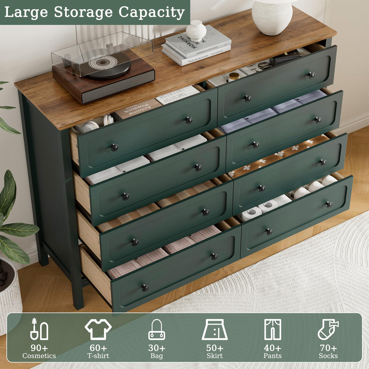 Tradare Green Dresser for Bedroom, 8 Drawer Dresser with Metal Handles, 55" Wide Modern Dressers & Chest of Drawers for Living Room, Hallway, Entryway Tradare