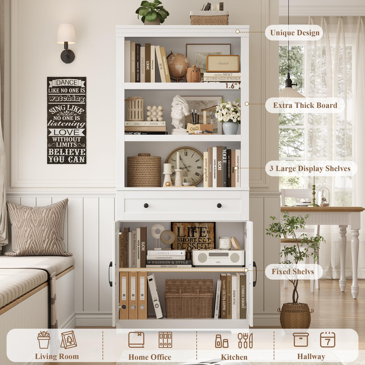 HOSTACK 72" Tall Book Shelf and Bookcase, 14" Deep Bookshelf with Drawer and Doors, Farmhouse Book Case with Storage, Wood Storage Cabinet with Display Shelves for Home Office, Living Room, White HOSTACK