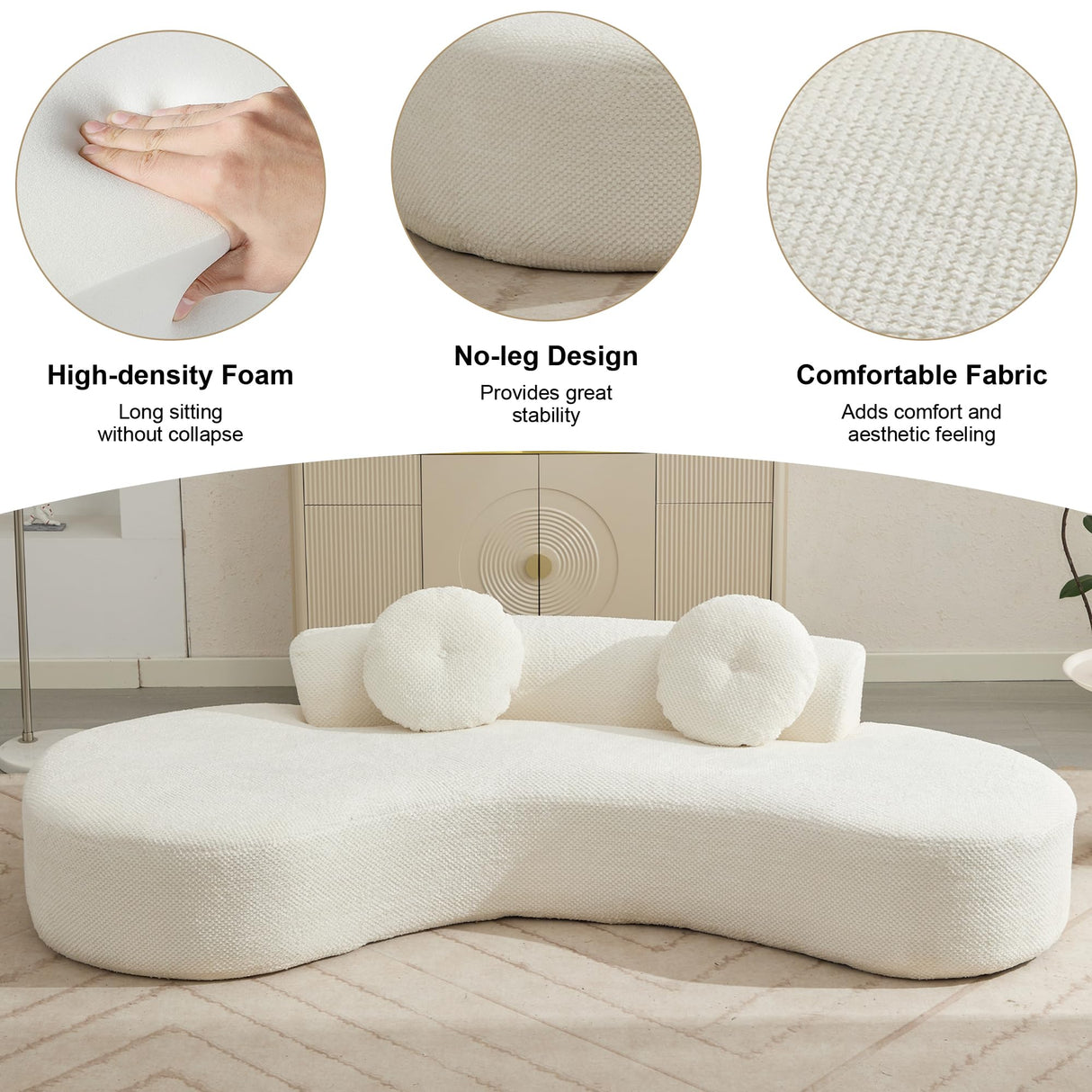 106'' Oversize Sponge Curved Sofa,Modern Minimalist Corduroy Anti-Wrinkle Sofa,Cloud Couch 3-Seater Couch w/2 Pillows (Beige) BUIORD