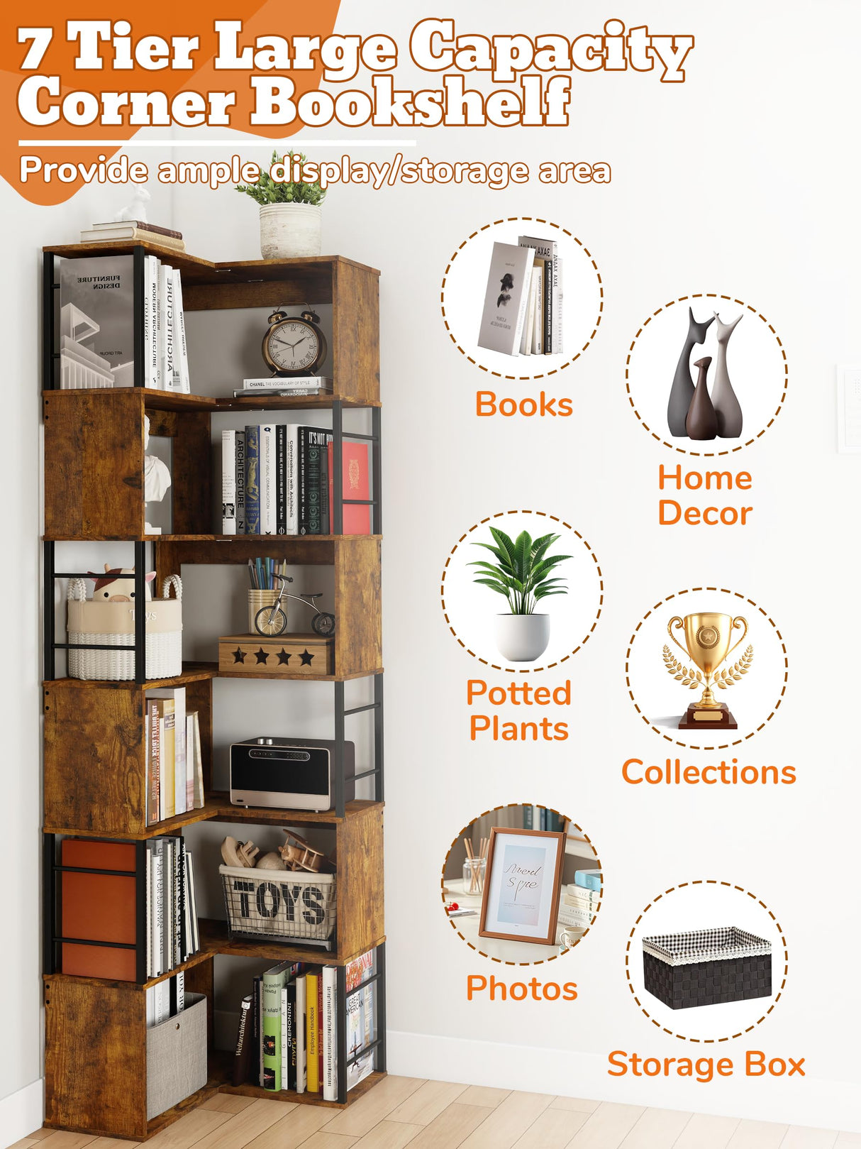 7 Tier Corner Bookshelf 74 Inches Tall Corner Bookcase Industrial L Shaped Book Shelf with Metal Frame Display Rack Storage Organize for Home Office,Living Room,Bed Room (Brown) Suuiwau