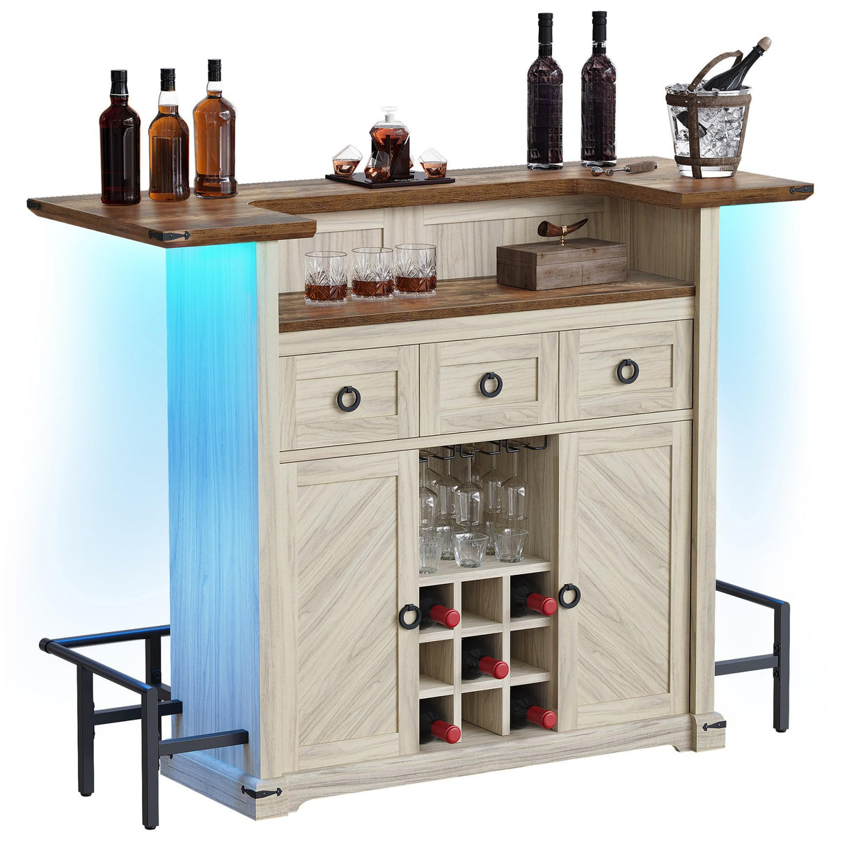 YITAHOME Home Bar Unit with LED Lights & Drawer, Farmhouse Bar Cabinet with Glasses Holder and Wine Storage, Wine Bar Cabinet Set Mini Bar with Footrest for Living Room, Off White+Walnut Grain YITAHOME
