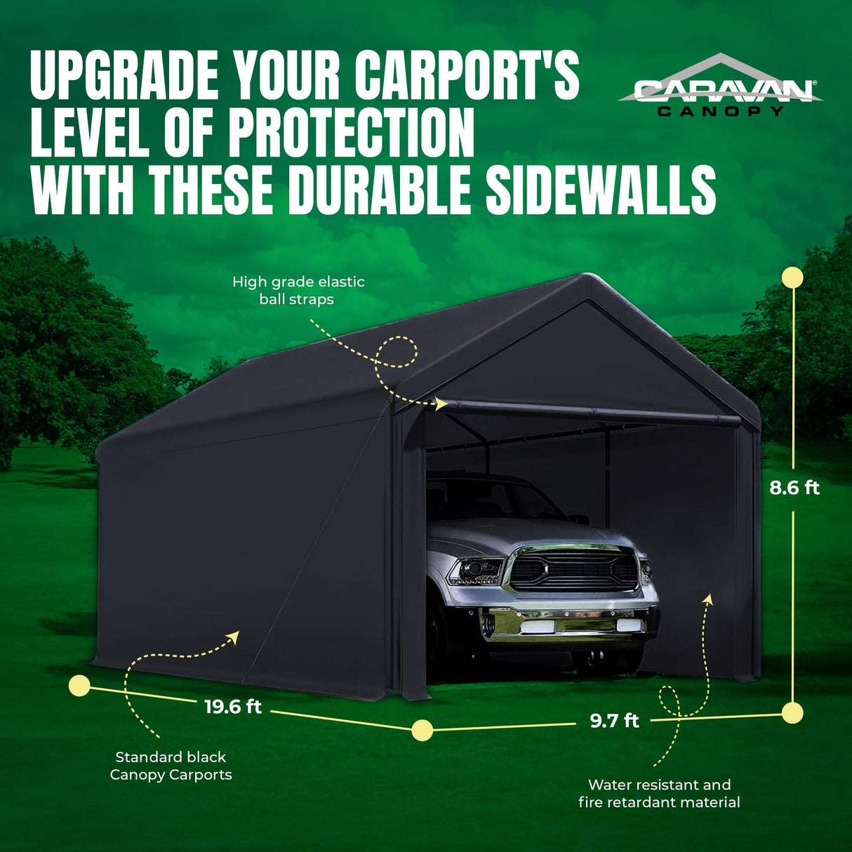 Caravan Canopy Domain 10 x 20 Foot Durable Sidewalls for Garage Carport Canopy Car Tent with Dual Zippers and Roll Up Door, Black (Sidewalls Only) Caravan