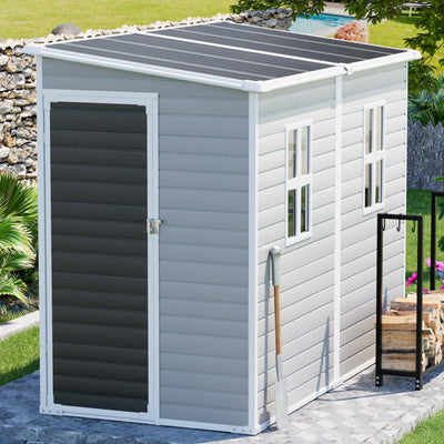 CDCASA 4x8 FT Resin Lean to Shed, Waterproof Outdoor Storage Shed with Floor & Lockable Door & Window, Outside Plastic Tool Shed for Backyard, Patio, Poolside, Lawn, Grey