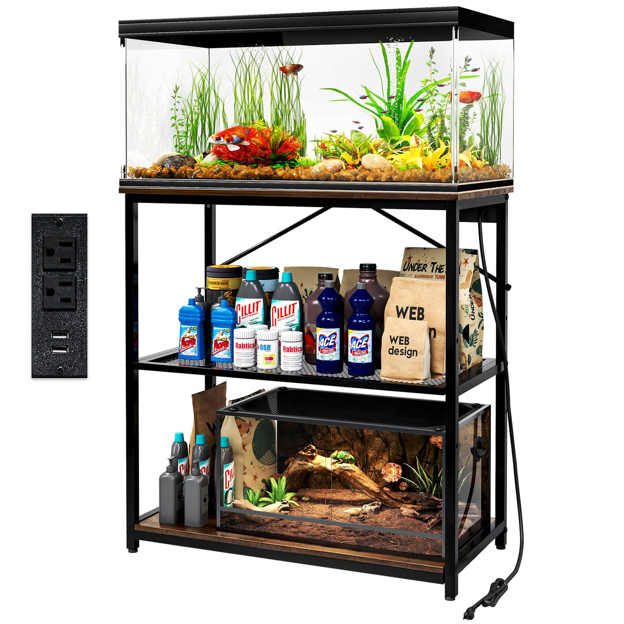 TC-HOMENY Fish Tank Stand 10-30 Gallon, Aquarium Stand with Charging Station,1000LB Capacity ,31" L x 16" W Metal Reptile Tank Stand, Double Storage Design Adjustable Boards, Brown(Tank not Included) TC-HOMENY