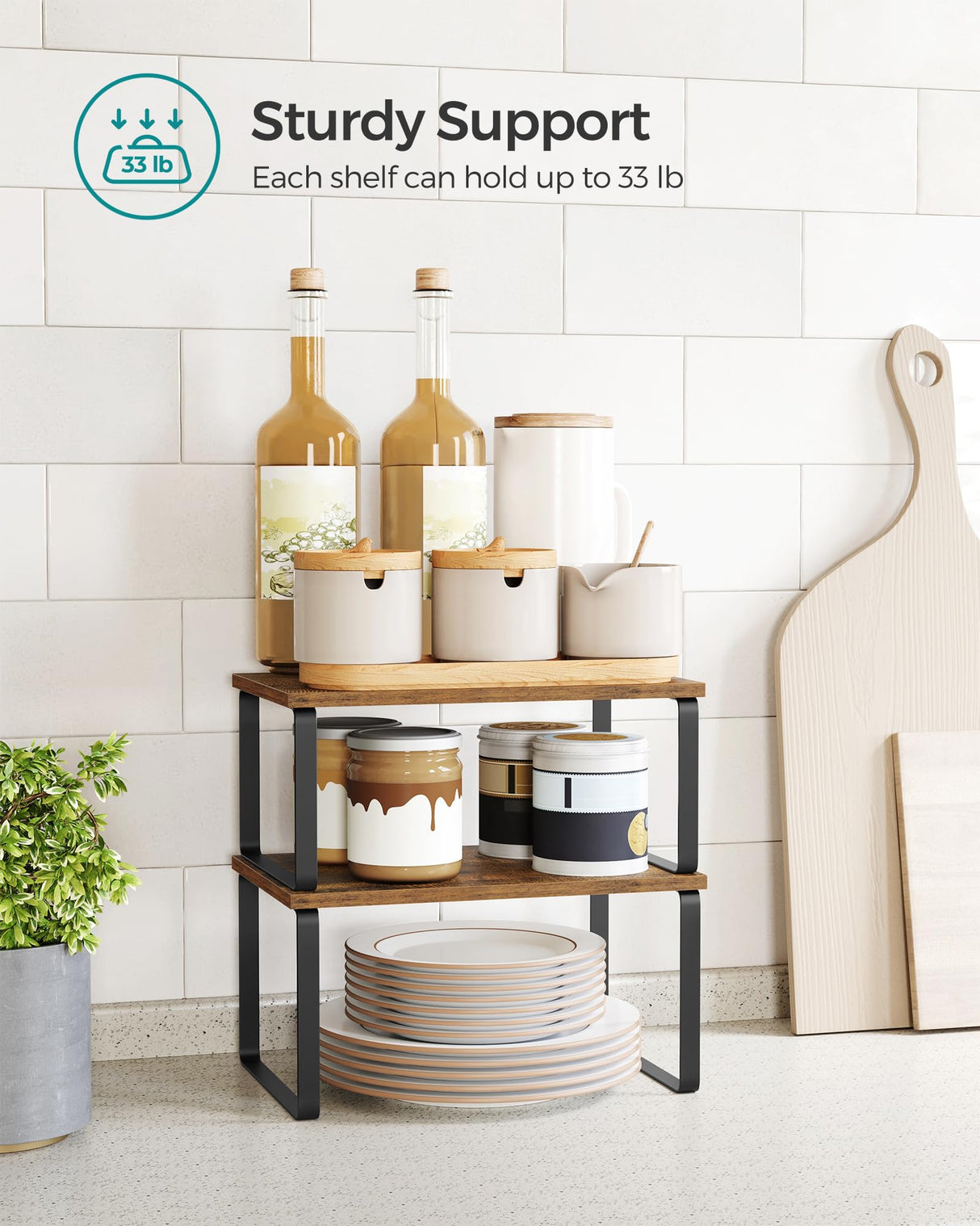 SONGMICS Cabinet Organizer Shelf, Set of 2 Kitchen Counter Shelves, Kitchen Storage, Spice Rack, Stackable, Expandable, Metal and Engineered Wood, Ink Black and Rustic Brown UKCS020X01 SONGMICS