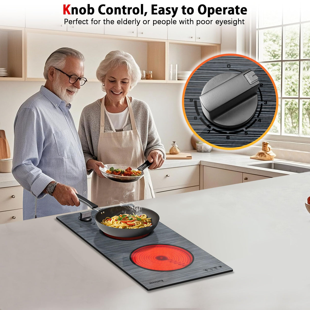 Karinear 2 Burners Electric Cooktop, 110v Electric Stove Top Knob Control, Built-in Countertop Electric Ceramic Cooktop with Beautiful Woodgrain Pattern Glass Surface, 110v Outlet Plug Karinear